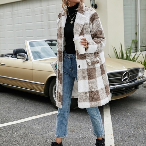 buffalo plaid teddy trench pea coat jacket khaki - Picture 6 of 11